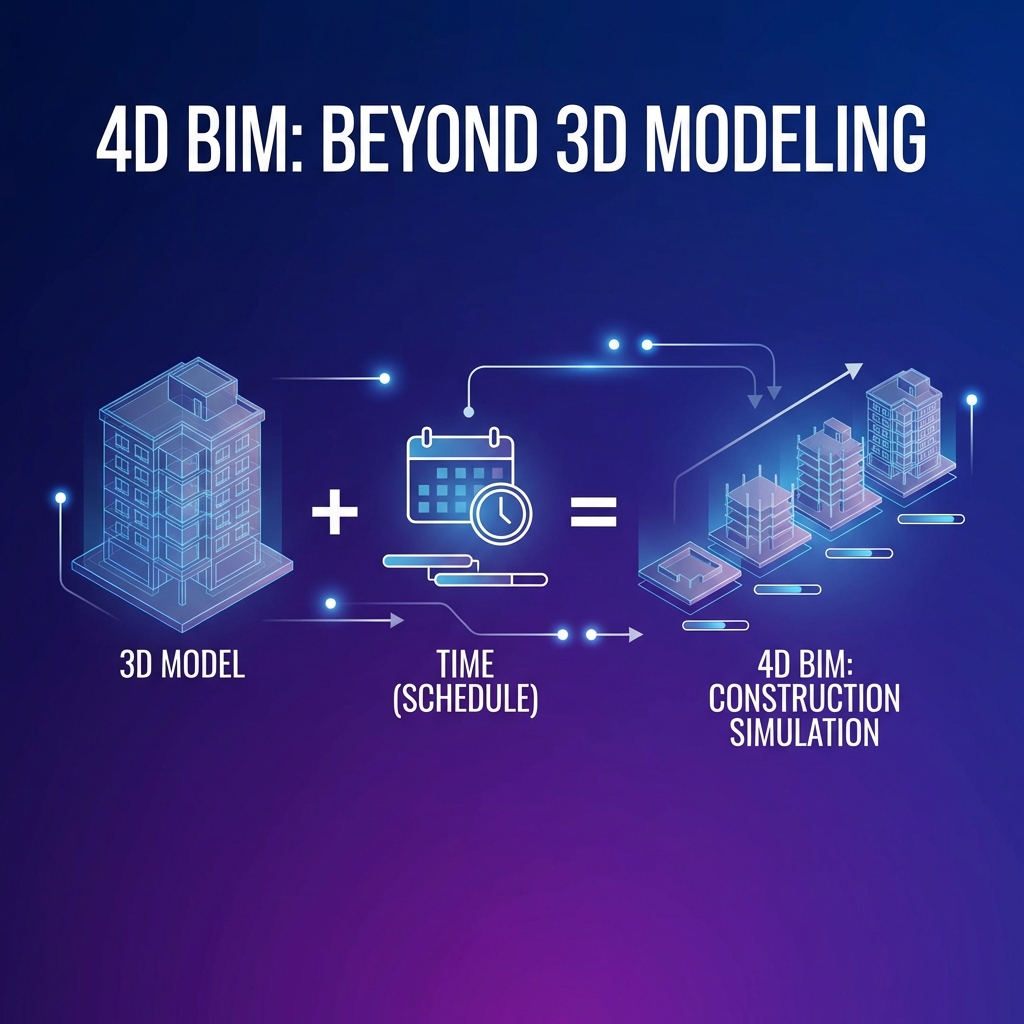 4D BIM = 3D Model + Time (Schedule) = Visual Construction Simulation