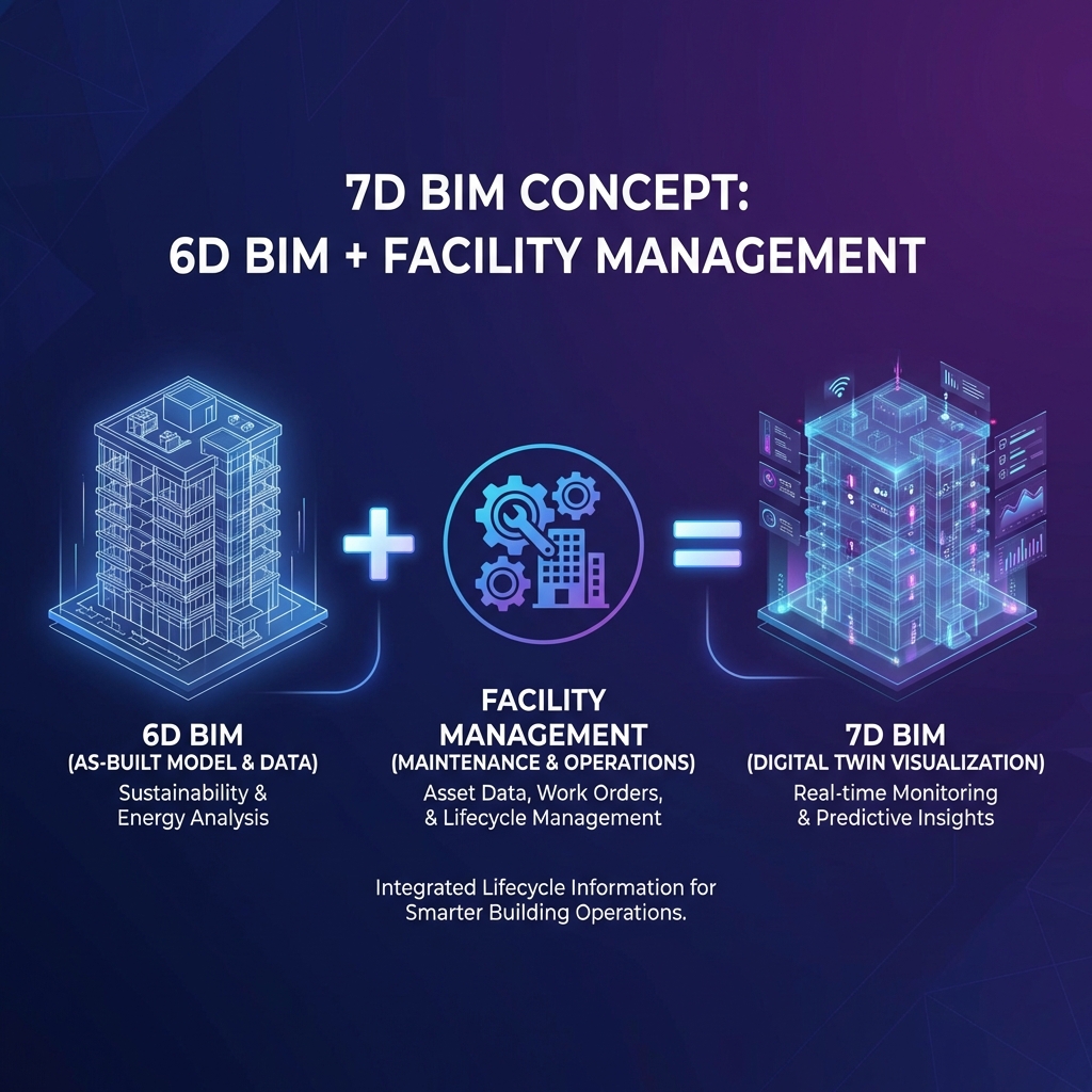 7D BIM = 6D BIM + Facility Management (Assets, Maintenance, Operations)